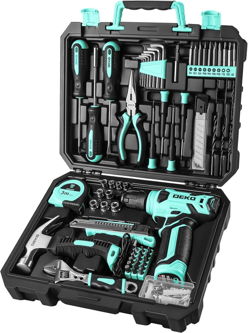 DEKOPRO Drill Set: Tool Set with 8V Cordless Drill, Home Tool Kit with Drill, Hand Tool Kits for Women 126 Piece, Turquoise - Image 1